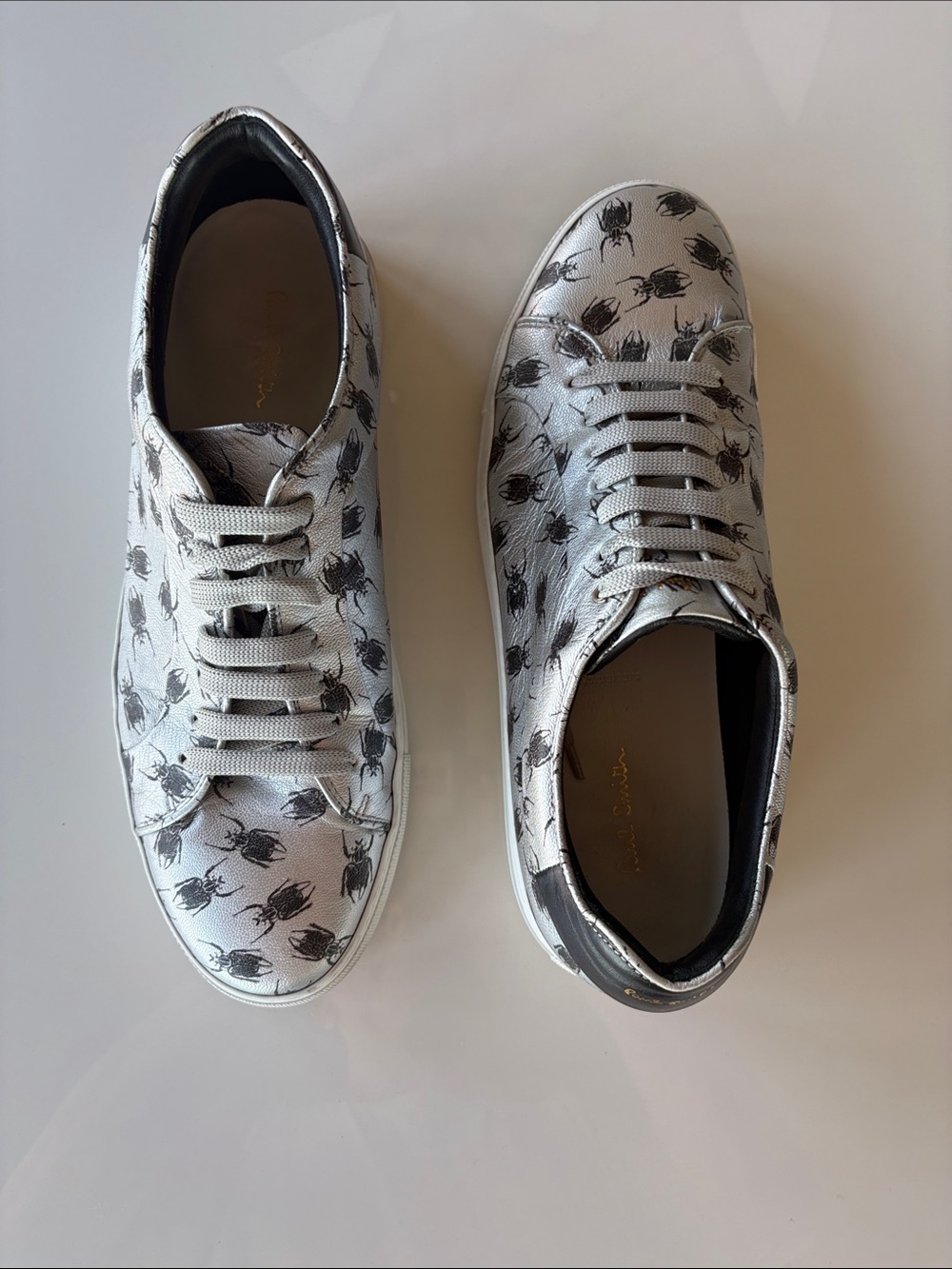 Paul Smith Metallic Silver Leather Sneakers with Black Beetle Print